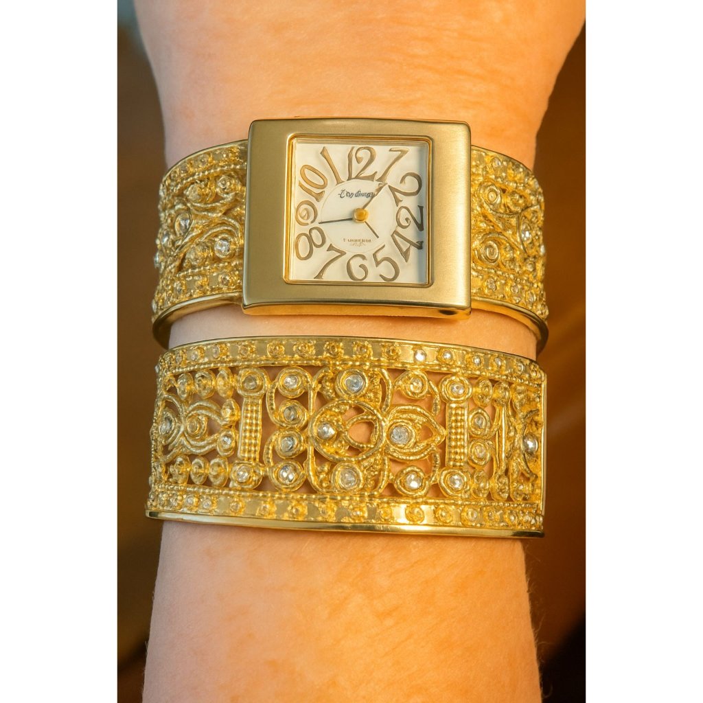 Kessaris Statement Jewelry Watch & Bracelet Set In Box | Gold-Tone | Gift Ready